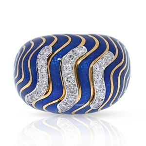 David Webb Bombe 18K Yellow Gold & Platinum Diamond Blue Enamel Ring